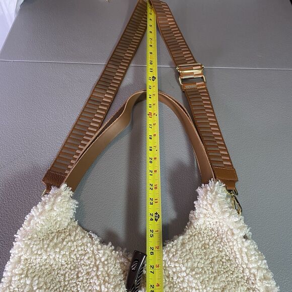Sherpa Leather Womens Hobo Bag Cream Brown Gold Accents Plush Made in Italy - Picture 6 of 16